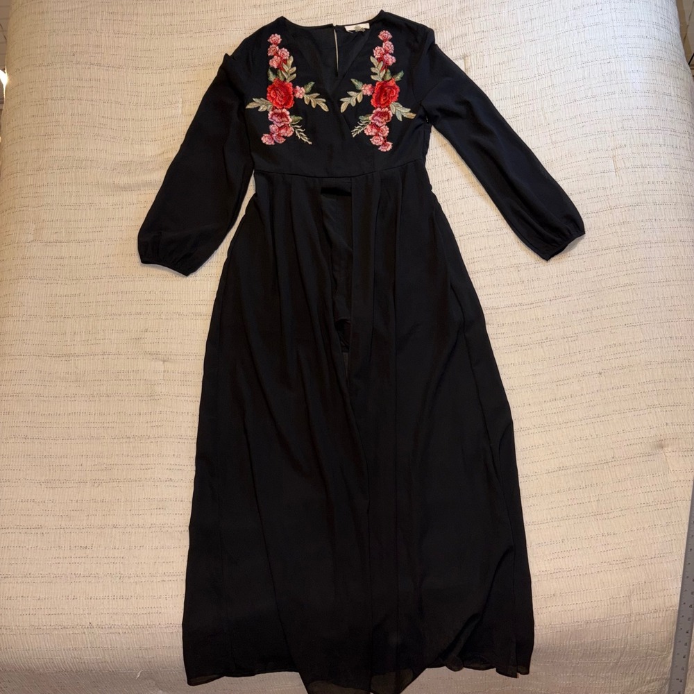 Entro Black Floral Embroidered Maxi Romper Dress Long Sleeve Rose Boho Large